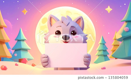 Wolf Holding Blank Sign in Night Pine Forest 135804059