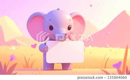 Baby Elephant Holding Blank Sign in Golden Grassland 135804060