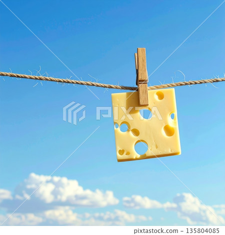 Slice of Cheese Clipped to Clothesline Against Clear Sky Slice of Cheese Clipped to Clothesline Against Clear Sky 135804085