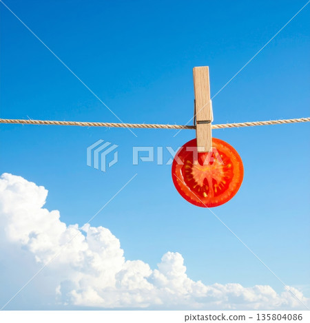 Tomato Slice Clipped to Clothesline Against Clear Sky Tomato Slice Clipped to Clothesline Against Clear Sky 135804086