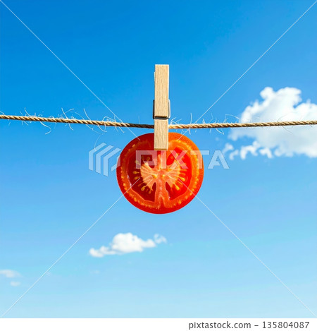 Tomato Slice Clipped to Clothesline Against Clear Sky 135804087