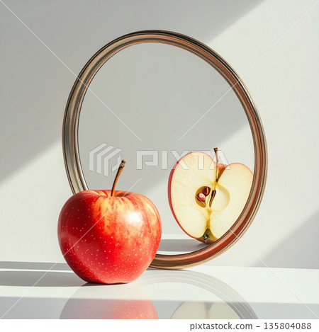 Apple Placed in Front of Table Mirror 135804088