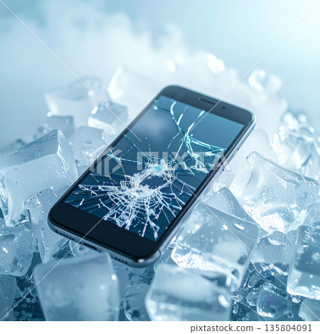 Cracked Smartphone with Glitter Screen on Clear Ice Cracked Smartphone with Glitter Screen on Clear Ice 135804091