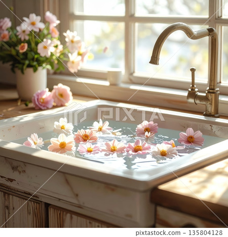 Country Kitchen Sink Filled with Water and Floating Flowers Country Kitchen Sink Filled with Water and Floating Flowers 135804128