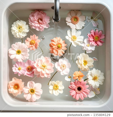 Country Kitchen Sink Filled with Water and Floating Flowers 135804129