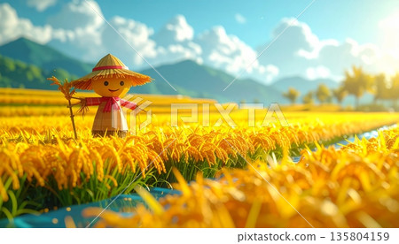 Golden Rice Field with Cute Scarecrow Golden Rice Field with Cute Scarecrow 135804159