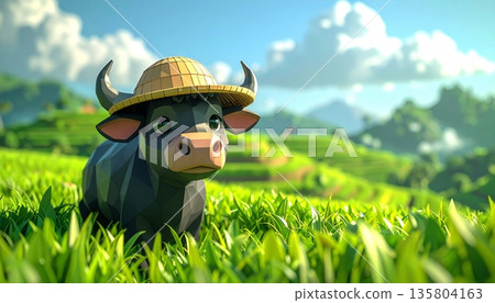Terraced Green Rice Field with Buffalo Wearing Straw Hat Terraced Green Rice Field with Buffalo Wearing Straw Hat 135804163