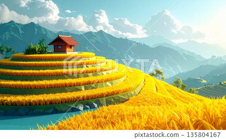 Golden Terraced Rice Field with Hut on Top Golden Terraced Rice Field with Hut on Top 135804167
