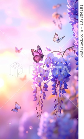 Falling Wisteria Flowers with Small Flying Butterflies 135804191