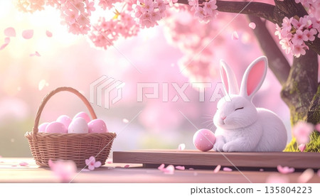 Cute 3D Easter Scene Under Cherry Blossoms with Bunny Sleeping Beside Basket on Wooden Bench 135804223
