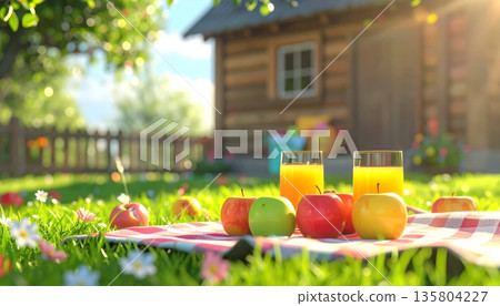 Cute 3D Easter Picnic on Lawn in Front of Wooden House with Bright Eggs, Apples, and Juice 135804227