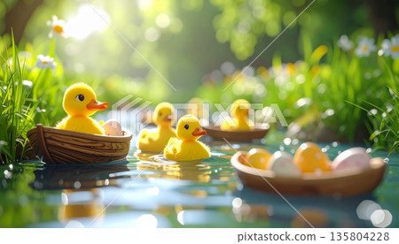 Cute 3D Easter Scene with Yellow Duckling Floating in Stream and Miniature Eggs on Wooden Raft 135804228