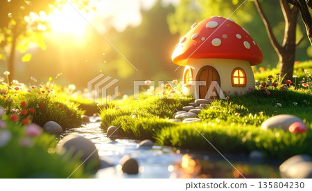 Cute 3D Mushroom House in Wide Meadow with Stream Flowing in Morning Sunlight 135804230