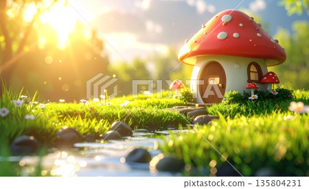 Cute 3D Mushroom House in Wide Meadow with Stream Flowing in Morning Sunlight 135804231