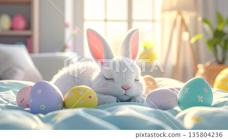 Cute 3D Indoor Easter Scene with White Bunny Sleeping on Soft Pet Bed with Eggs 135804236