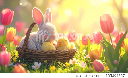 Cute 3D Tulip Field with Bunny and Chick Sleeping Together in Basket in Soft Sunlight Cute 3D Tulip Field with Bunny and Chick Sleeping Together in Basket in Soft Sunlight 135804237