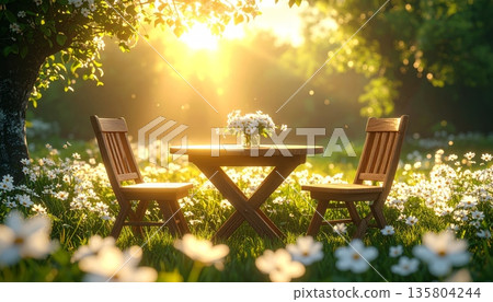 Cute 3D Small Wooden Table with Two Chairs in White Flower Field under Sunlight Through Green Leaves Cute 3D Small Wooden Table with Two Chairs in White Flower Field under Sunlight Through Green Leaves 135804244