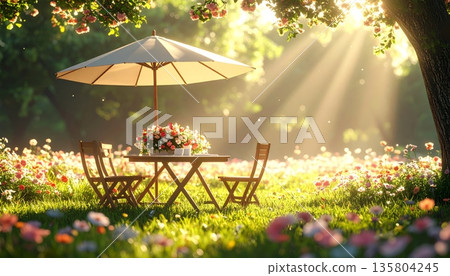Cute 3D Picnic Table with Chairs and Umbrella in Flower Meadow, Romantic Atmosphere Cute 3D Picnic Table with Chairs and Umbrella in Flower Meadow, Romantic Atmosphere 135804245