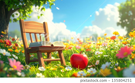 Cute 3D Wooden Chair with Book and Apple in Flower Meadow 135804251