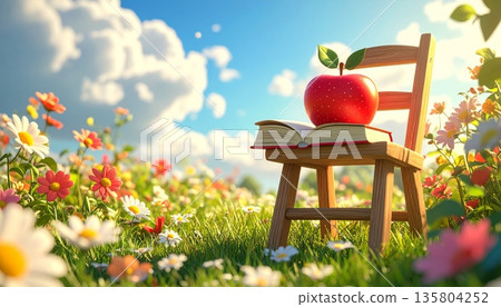 Cute 3D Wooden Chair with Book and Apple in Flower Meadow 135804252