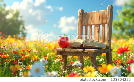 Cute 3D Wooden Chair with Book and Apple in Flower Meadow 135804253