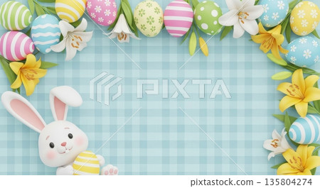 3D Easter Background with Bunny, Lilies, and Easter Eggs 135804274