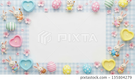 3D Easter Background with Heart Candle, Cherry Blossoms, and Bunny 135804279