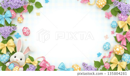 3D Easter Background with Ribbon Bow, Bunny, and Lilacs 135804281