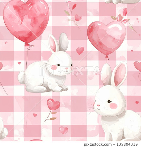 Easter Watercolor Seamless Pattern Rabbit with Heart Balloons 135804319