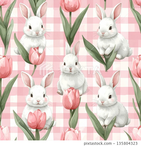 Easter Watercolor Seamless Pattern Rabbit with Soft Tulips 135804323
