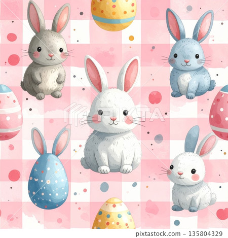 Easter Watercolor Seamless Pattern Rabbit and Decorated Eggs 135804329