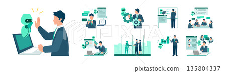 一組運用人工智慧的商業場景插圖：對話支援和辦公室效率 135804337