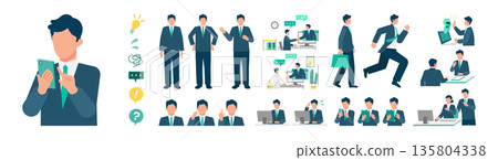 一群商務人士使用人工智慧在家工作的姿勢，展現了各種工作場景。 135804338