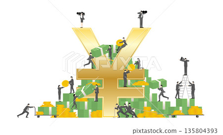 Japanese Yen Currency and Financial Growth Concept, Business Team Working Together on Giant Gold Yen Symbol with Stacks of Banknotes and Coins Japanese Yen Currency and Financial Growth Concept, Business Team Working Together on Giant Gold Yen Symbol with Stacks of Banknotes and Coins 135804393