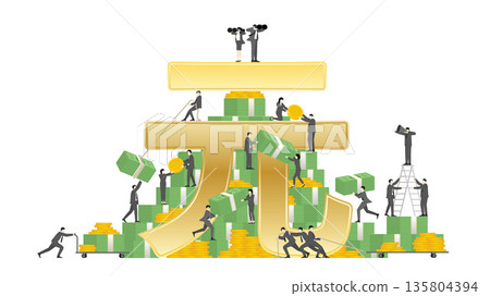 Chinese Yuan Renminbi Currency and Financial Success Concept, Business Teamwork with Tiny People on Giant Yuan Character, Stacks of Money and Gold Coins 135804394