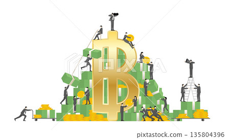 Thai Baht Currency and Financial Growth Concept, Business Teamwork with Tiny People on Giant Gold Baht Symbol, Money Banknotes and Coins Thai Baht Currency and Financial Growth Concept, Business Teamwork with Tiny People on Giant Gold Baht Symbol, Money Banknotes and Coins 135804396