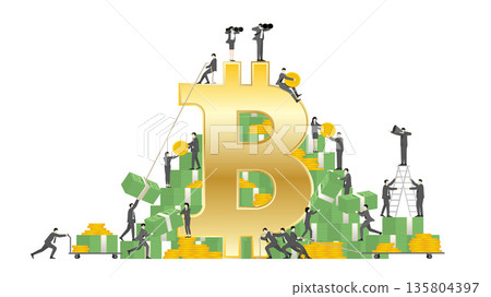 Fintech Investment and Wealth Management Strategy Illustration, Group of Professionals Collaborating on Bitcoin for Success and Digital Asset Growth 135804397