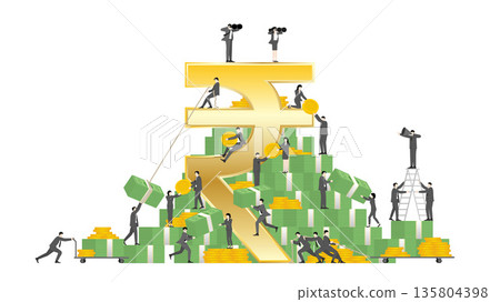 Indian Rupee Currency and Economic Growth Concept, Business Teamwork with Tiny People on Giant Gold Rupee Symbol, Money Banknotes and Coins 135804398