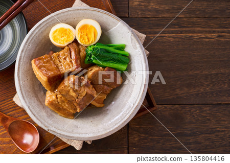 Braised pork belly with boiled egg and komatsuna Braised pork belly with boiled egg and komatsuna 135804416