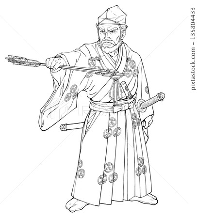 戰國武將毛利元就手持三支箭的線描圖 戰國武將毛利元就手持三支箭的線描圖 135804433