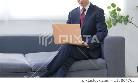 Male business person using a laptop in the office 135804763