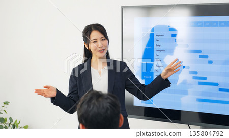 一位女商務人士正在使用顯示器進行簡報。 135804792