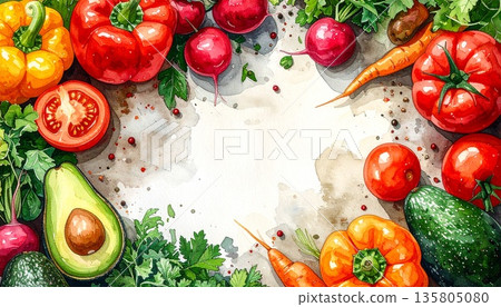 蔬菜擺放示意圖，留有文字空間。背景：白色。人工智慧生成素材。 135805080