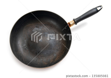 Old Teflon-coated frying pan 135805081