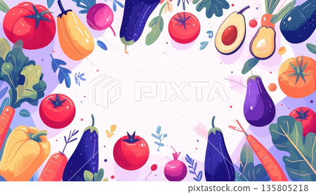 可愛的蔬菜插圖，排列整齊，留有文字空間。背景：白色。人工智慧生成素材。 135805218