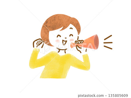 Upper body illustration of a woman cheering with a megaphone Upper body illustration of a woman cheering with a megaphone 135805609