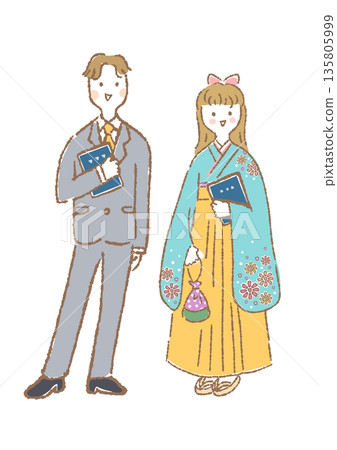 圖:一位身著袴服的女子和一位身穿西裝的男子手持畢業證書站立。 圖:一位身著袴服的女子和一位身穿西裝的男子手持畢業證書站立。 135805999