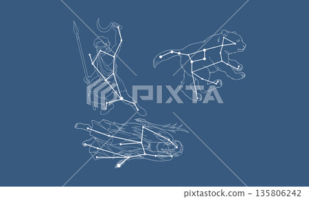 一幅巨大的彈簧曲線漂浮在深藍色背景上的插圖(背景上有白色的星座圖案和星座線)。 一幅巨大的彈簧曲線漂浮在深藍色背景上的插圖(背景上有白色的星座圖案和星座線)。 135806242