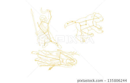 Spring line drawing illustration (gold constellation picture and constellation line, line only, no coloring) 135806244