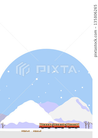 一幅描繪玩具風格柴油火車在雪地中行駛的風景插圖（豎版） 135806265